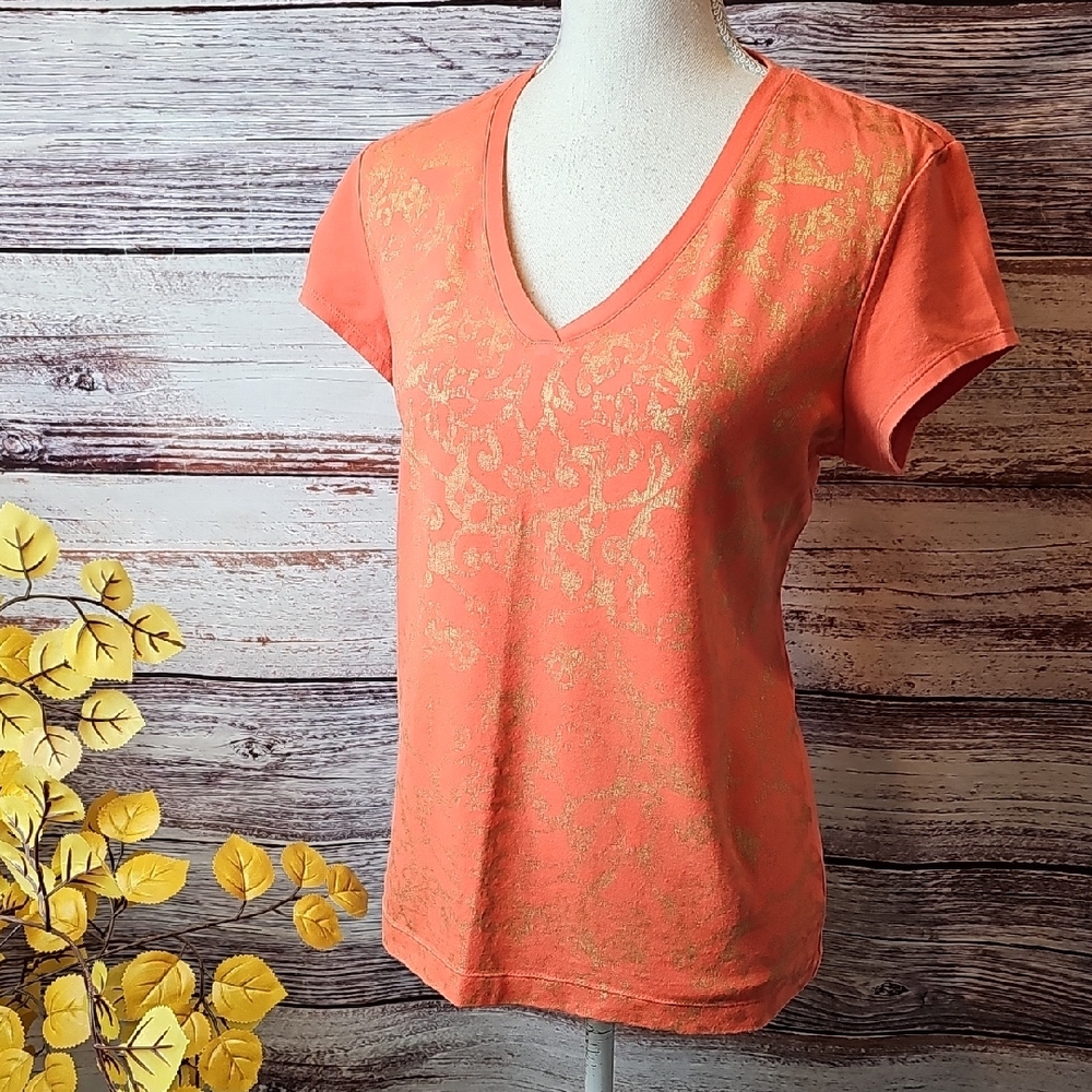 CHICO'S CORAL BURNOUT V-NECK PULLOVER TEE